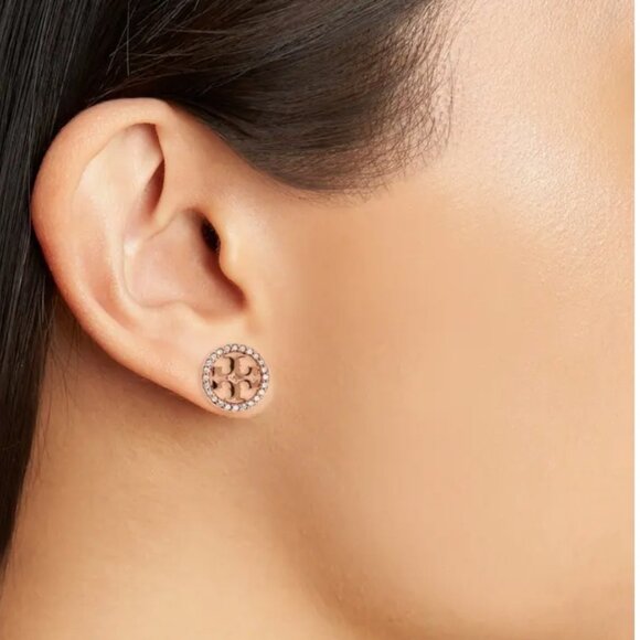 Tory Burch Crystal Logo Circle Stud Earrings *Rose gold - Picture 5 of 5